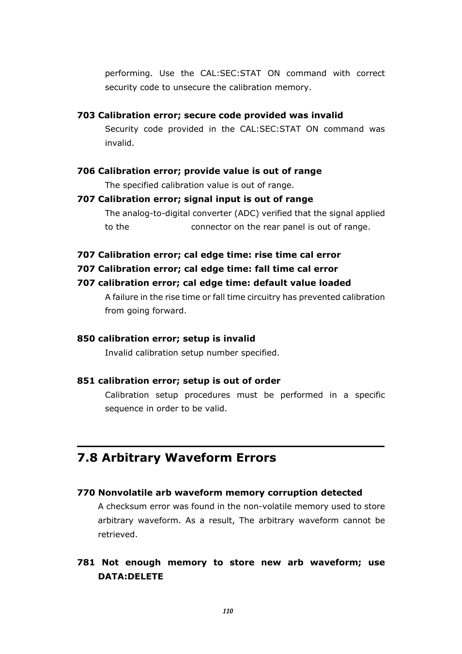 8 arbitrary waveform errors, Rbitrary, Aveform | Rrors | BNC 645 User Manual | Page 110 / 190