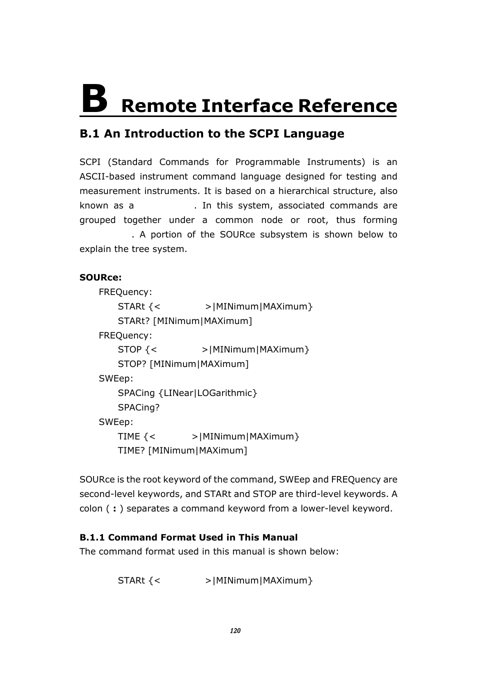 B. remote interface reference, B.1 an introduction to the scpi language, Emote | Nterface, Eference, B.1.1 command format used in this manual, Remote interface reference | BNC 645 User Manual | Page 120 / 190