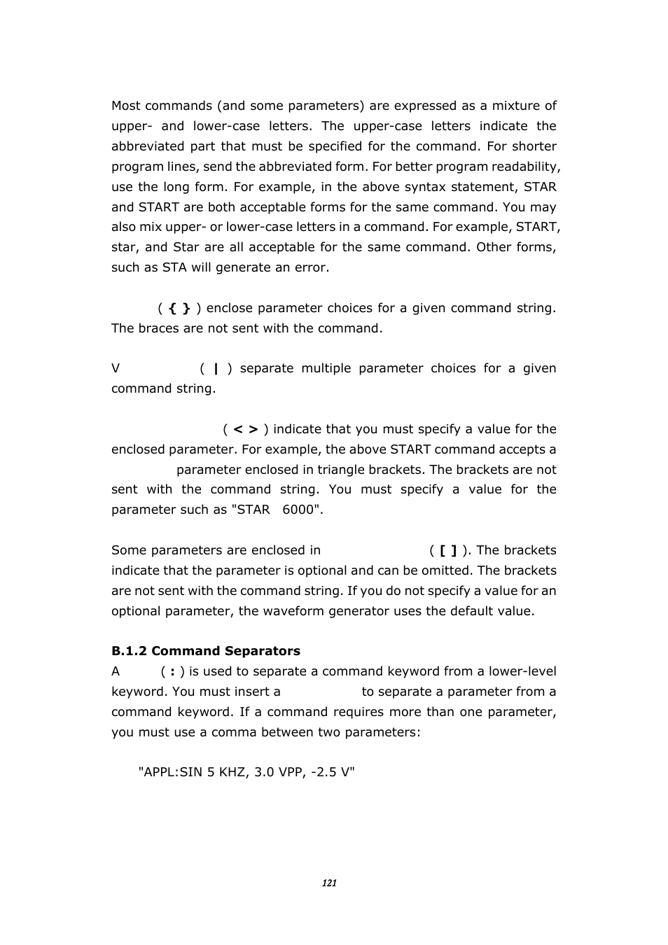 B.1.1 command format used in this manual, B.1.2 command separators | BNC 645 User Manual | Page 121 / 190