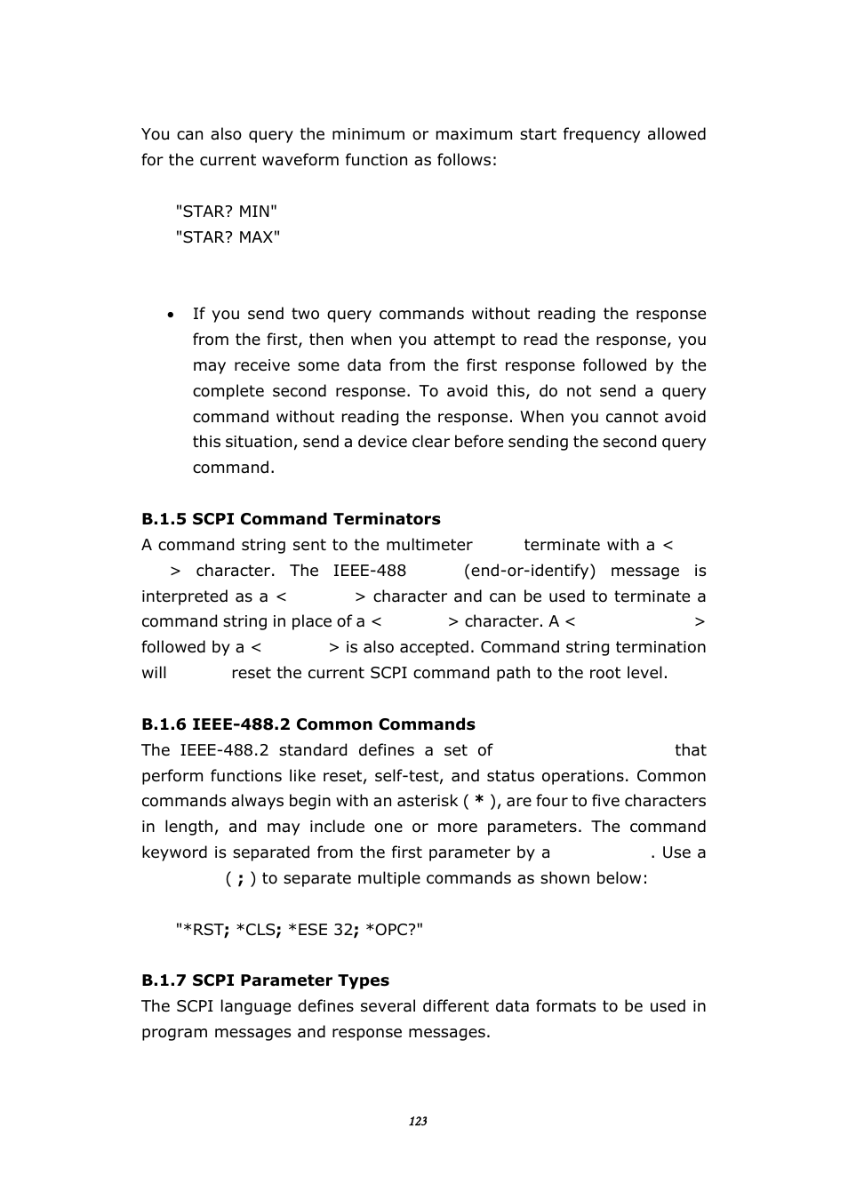 B.1.5 scpi command terminators, B.1.6 ieee-488.2 common commands, B.1.7 scpi parameter types | BNC 645 User Manual | Page 123 / 190