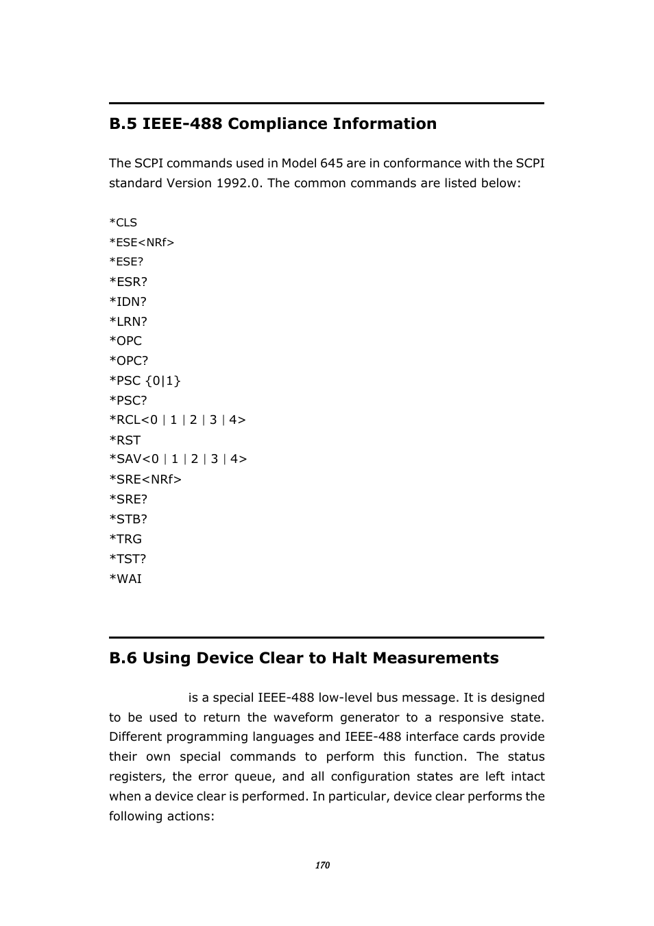 B.5 ieee-488 compliance information, B.6 using device clear to halt measurements | BNC 645 User Manual | Page 170 / 190