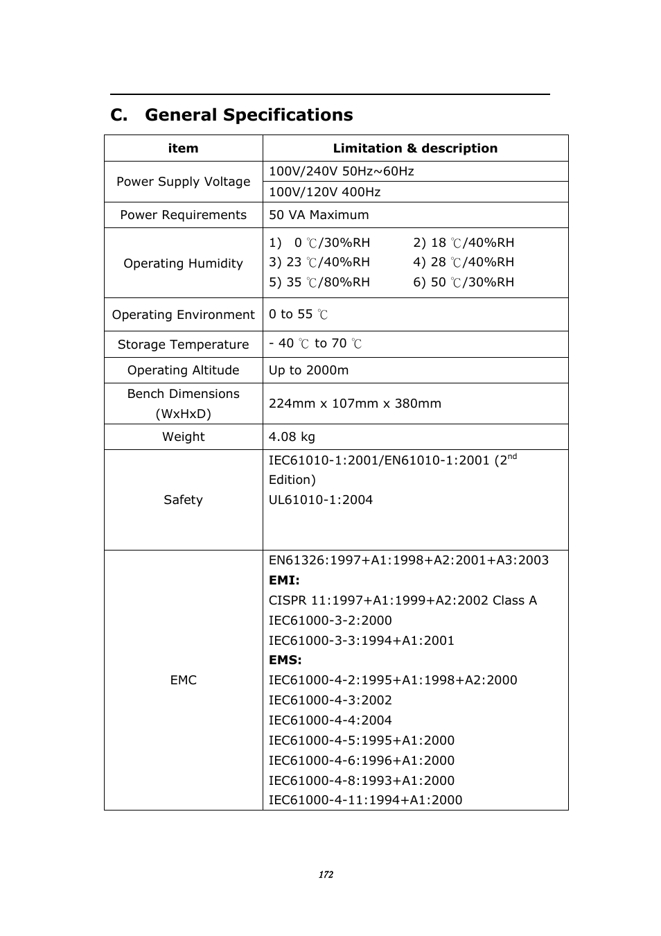 C. general specifications, Eneral, Pecifications | BNC 645 User Manual | Page 172 / 190