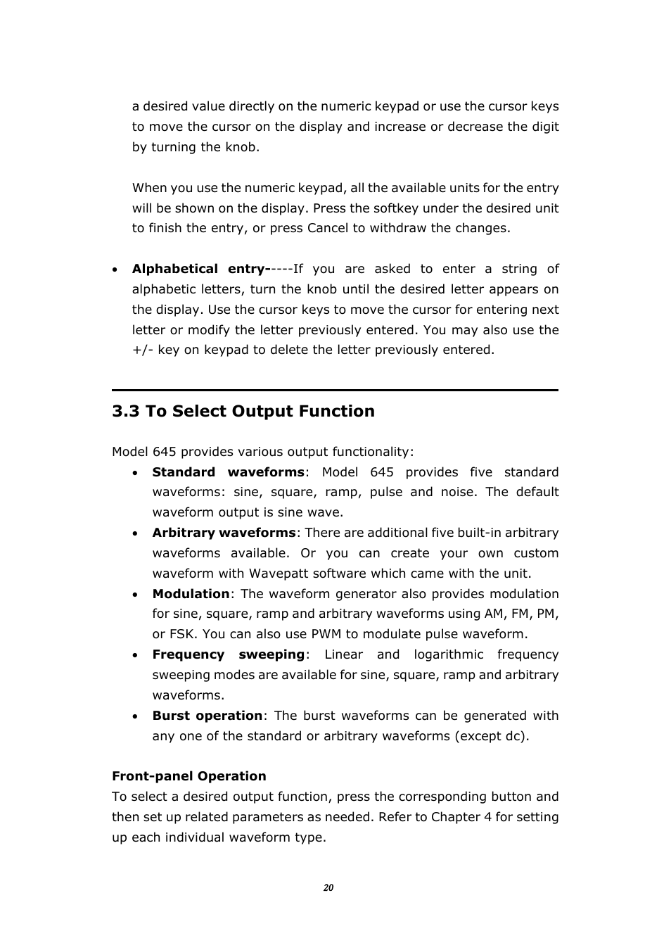 2 numerical/alphabetical entry, 3 to select output function, Elect | Utput, Unction | BNC 645 User Manual | Page 20 / 190