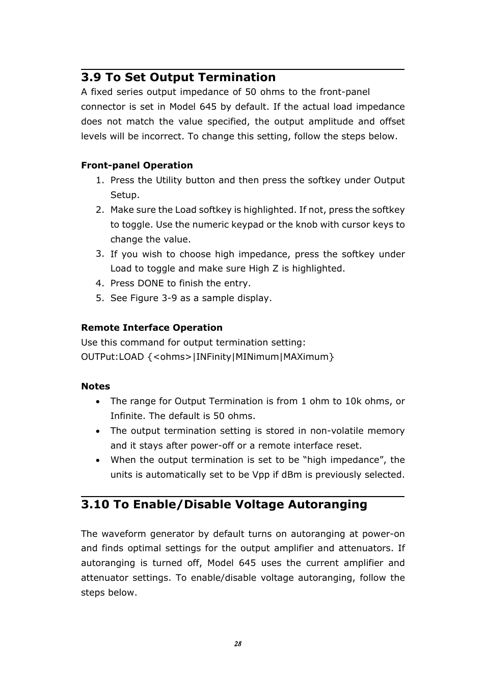 9 to set output termination, Utput, Ermination | Nable, Isable, Oltage, Utoranging, 10 to enable/disable voltage autoranging | BNC 645 User Manual | Page 28 / 190