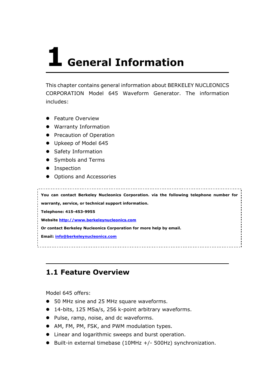 General information, 1 feature overview, 1 general information | Eature, Verview | BNC 645 User Manual | Page 5 / 190