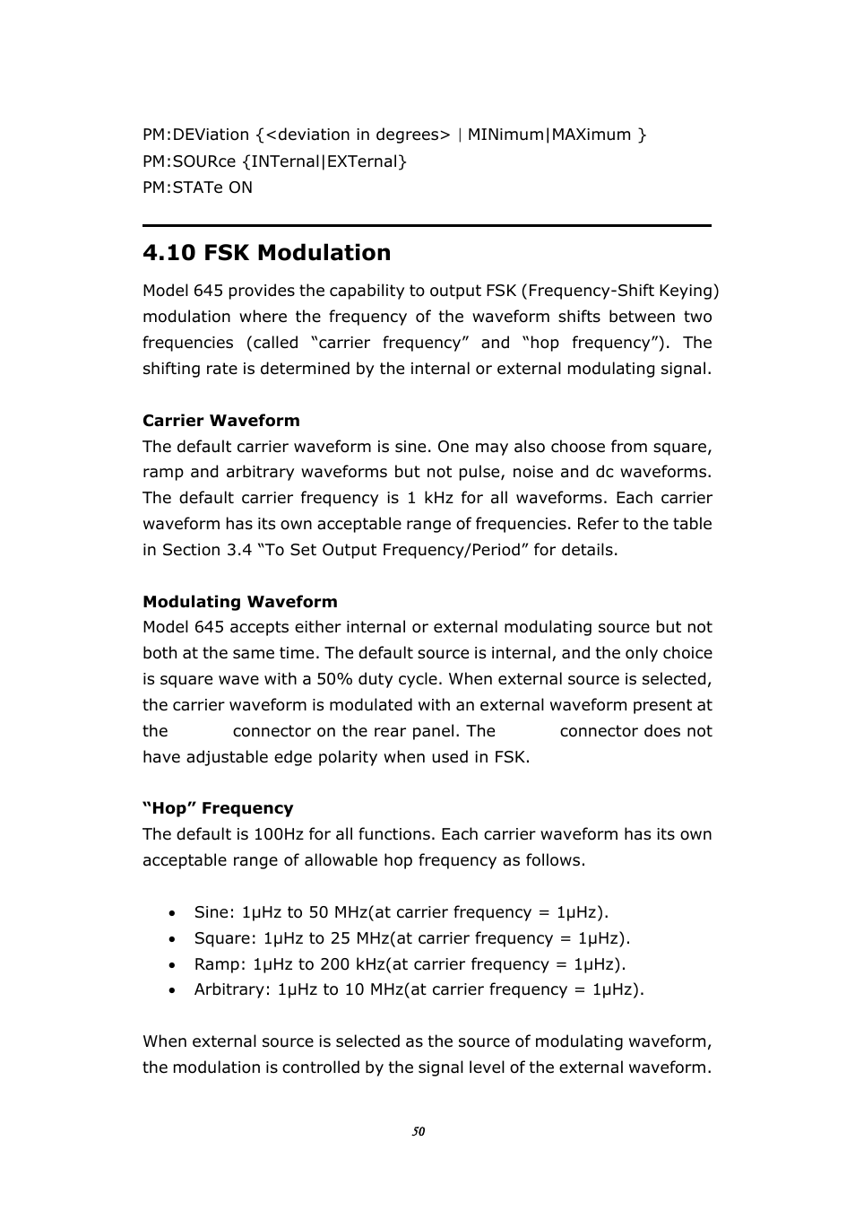 10 fsk modulation, Odulation | BNC 645 User Manual | Page 50 / 190