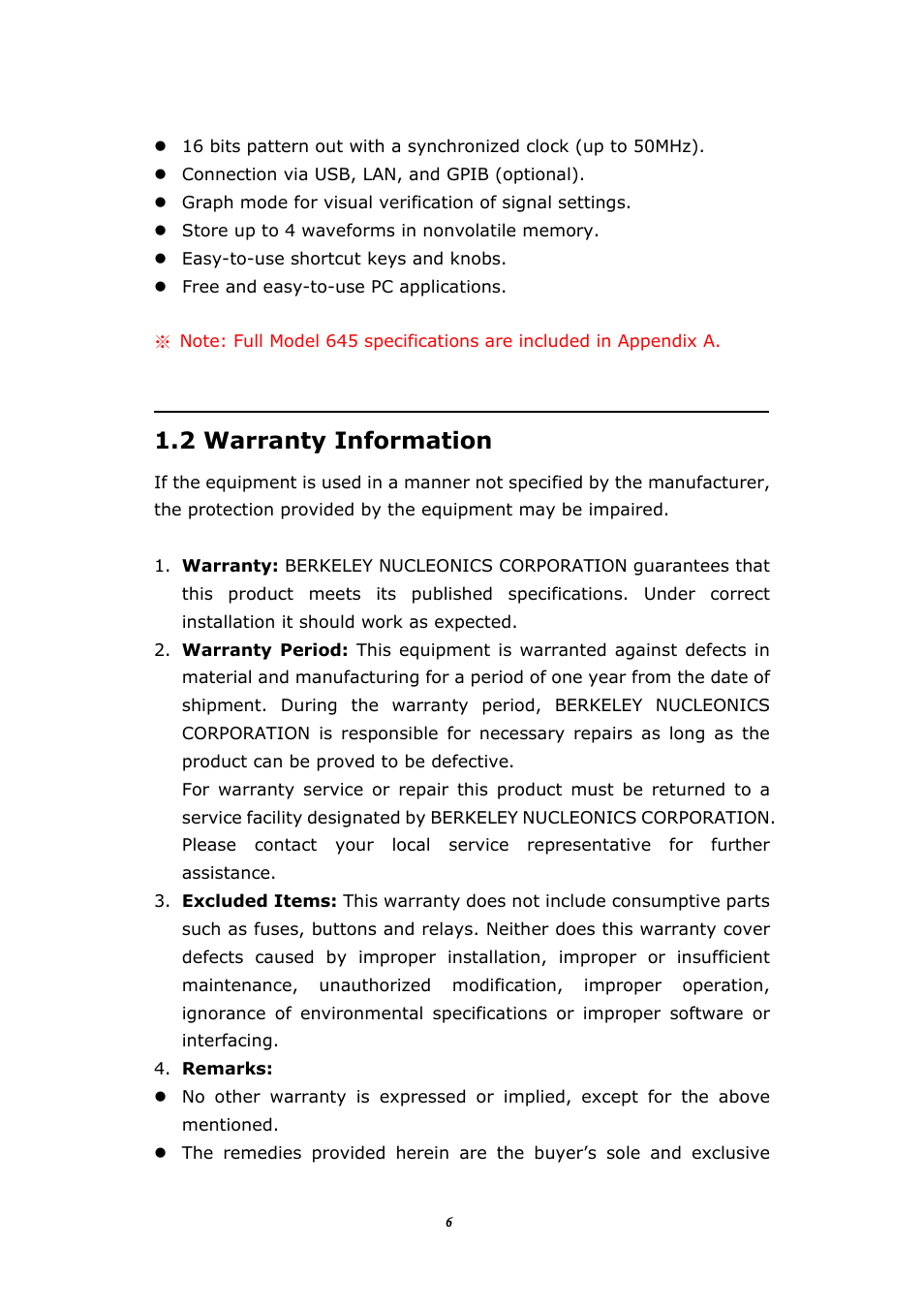 2 warranty information, Arranty, Nformation | BNC 645 User Manual | Page 6 / 190
