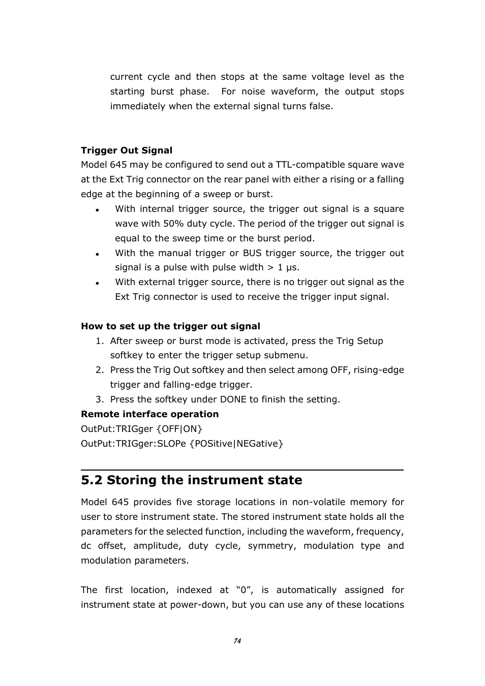 2 storing the instrument state, Toring the instrument state | BNC 645 User Manual | Page 74 / 190