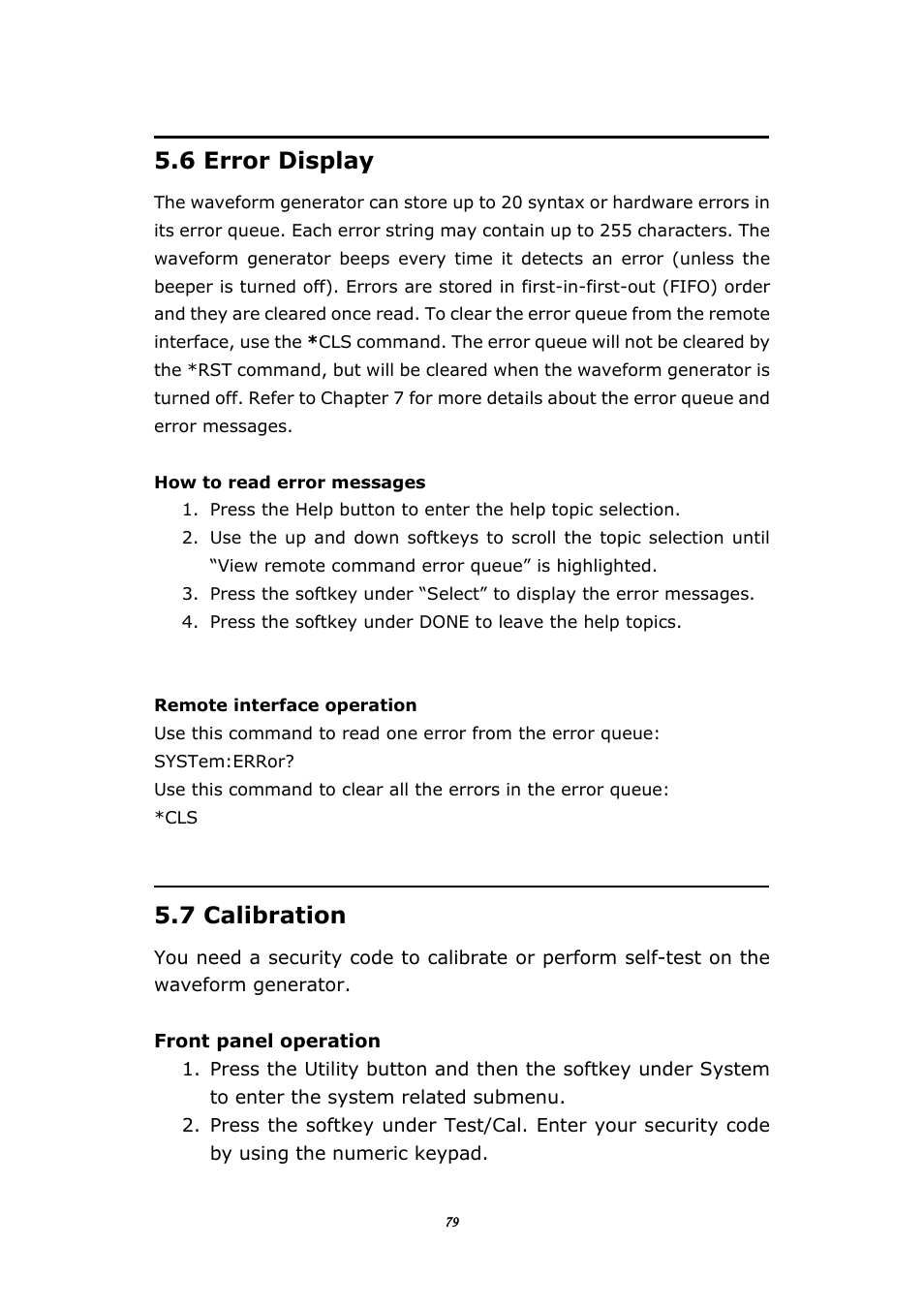 6 error display, 7 calibration, Rror | Isplay, Alibration | BNC 645 User Manual | Page 79 / 190