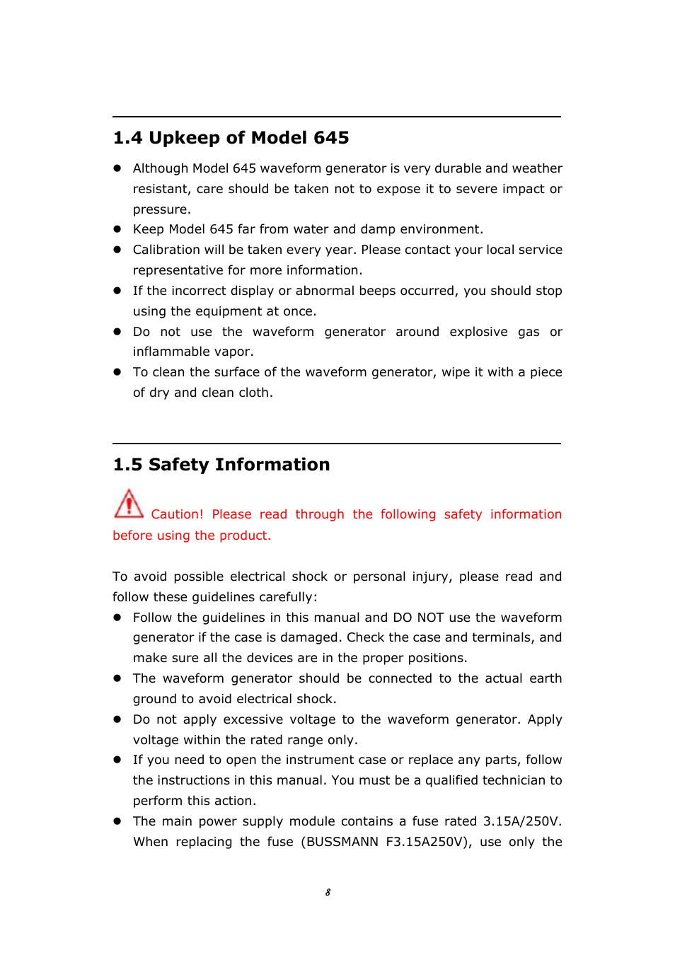 4 upkeep of model 645, 5 safety information, Pkeep of | Odel, Afety, Nformation | BNC 645 User Manual | Page 8 / 190