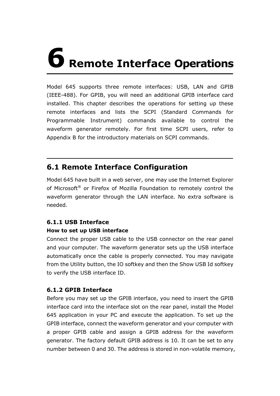 Remote interface operations, 1 remote interface configuration, 1 usb interface | 6 remote interface operations, Emote, Nterface, Onfiguration, 2 gpib interface | BNC 645 User Manual | Page 80 / 190