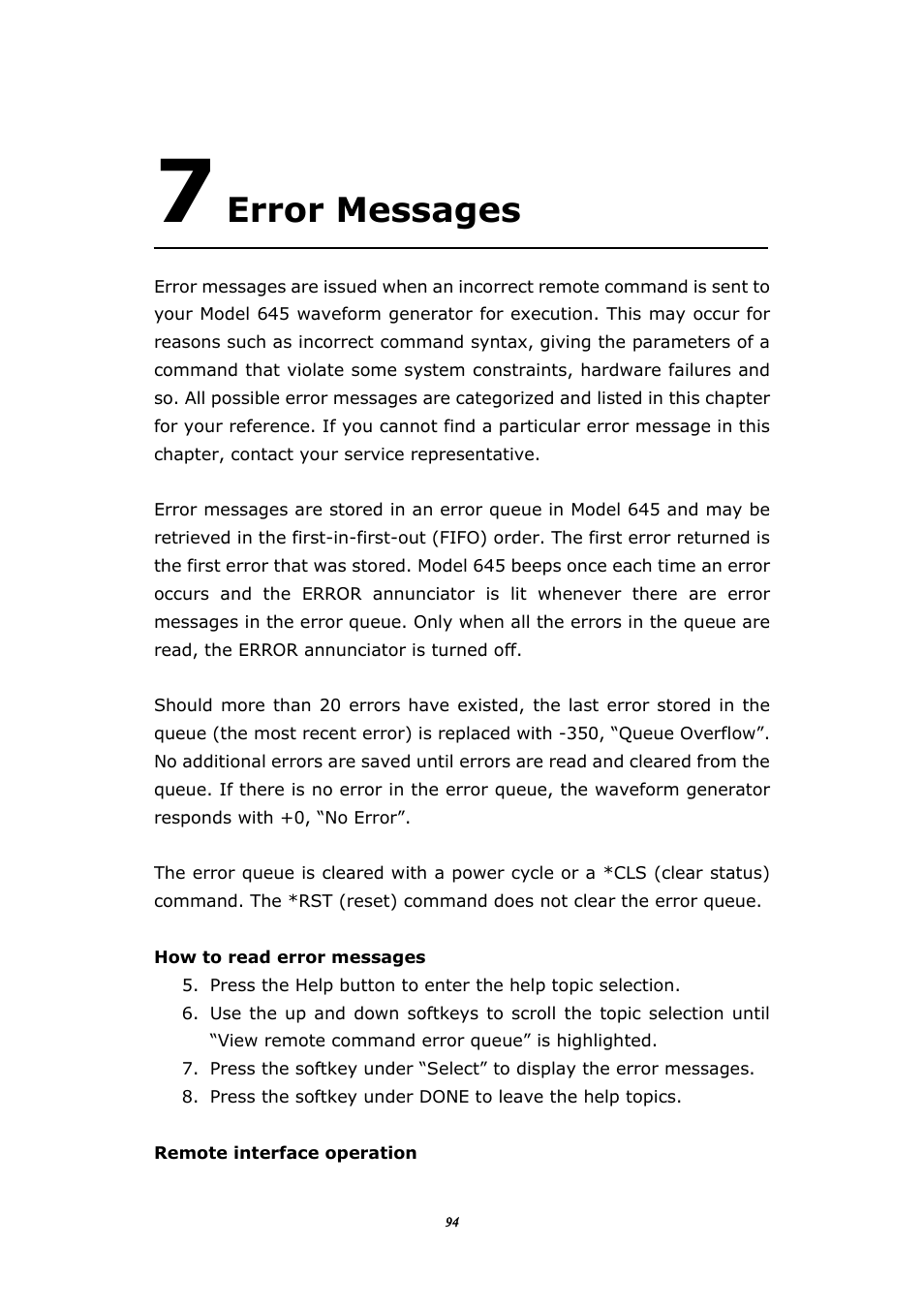 Error messages, 7 error messages | BNC 645 User Manual | Page 94 / 190