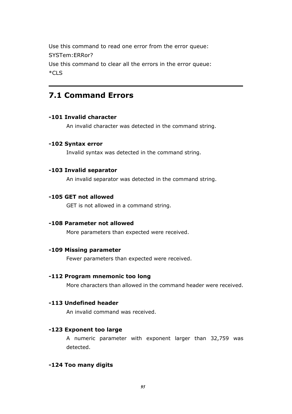 1 command errors, Ommand, Rrors | BNC 645 User Manual | Page 95 / 190