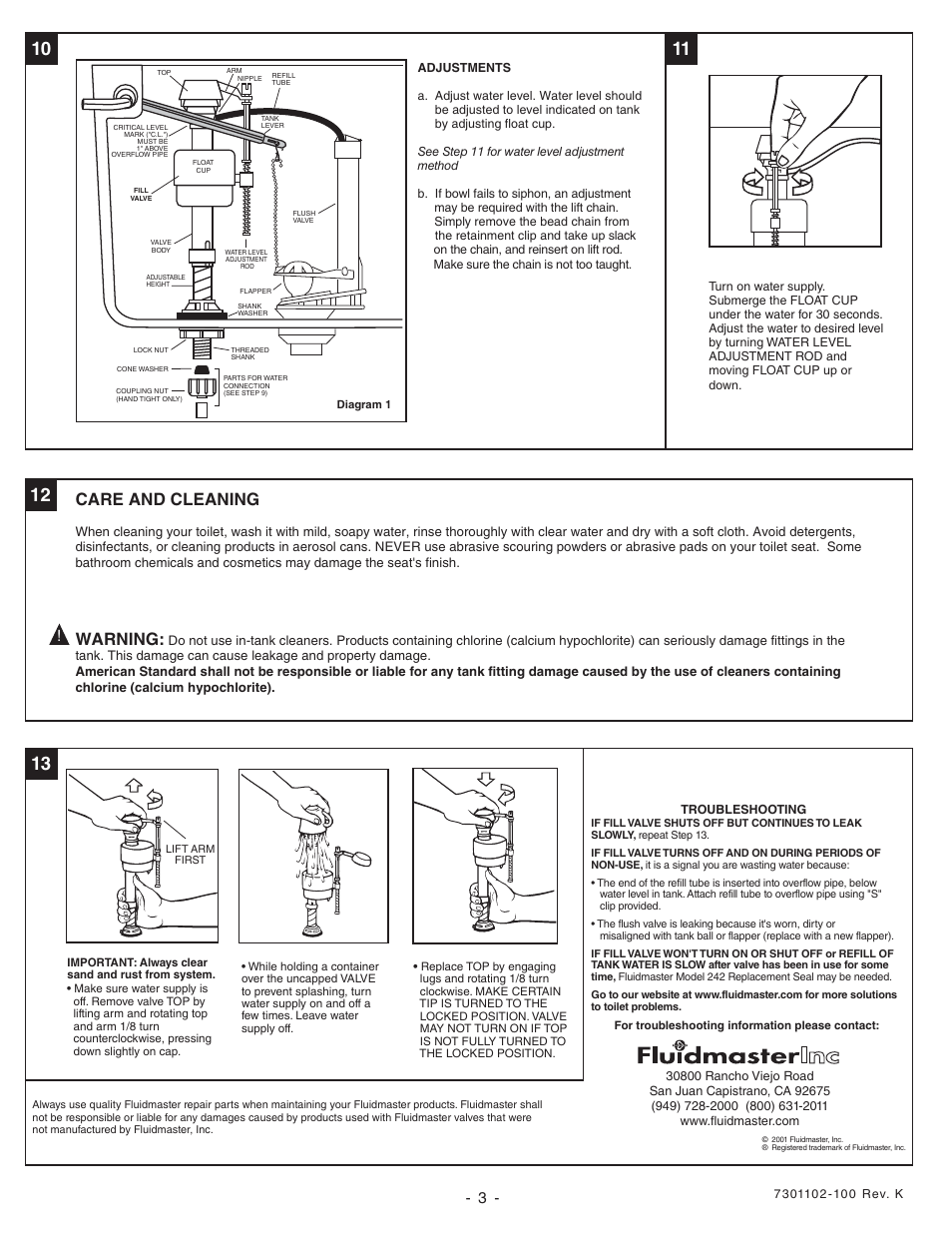 Care and cleaning, Warning | American Standard TROPIC CADET 2490 User Manual | Page 3 / 4