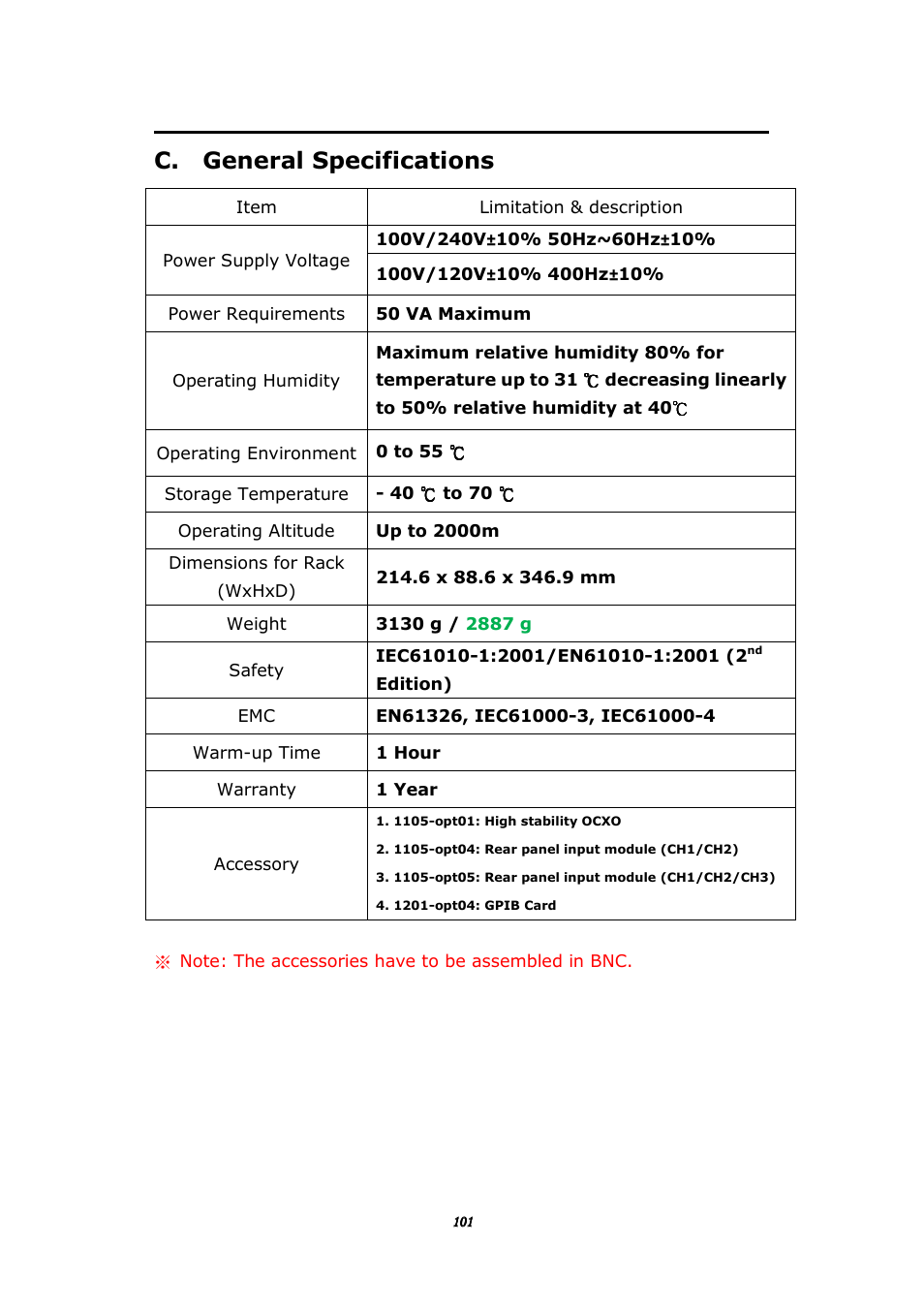 C. general specifications | BNC 1105 Universal Counter User Manual | Page 101 / 197