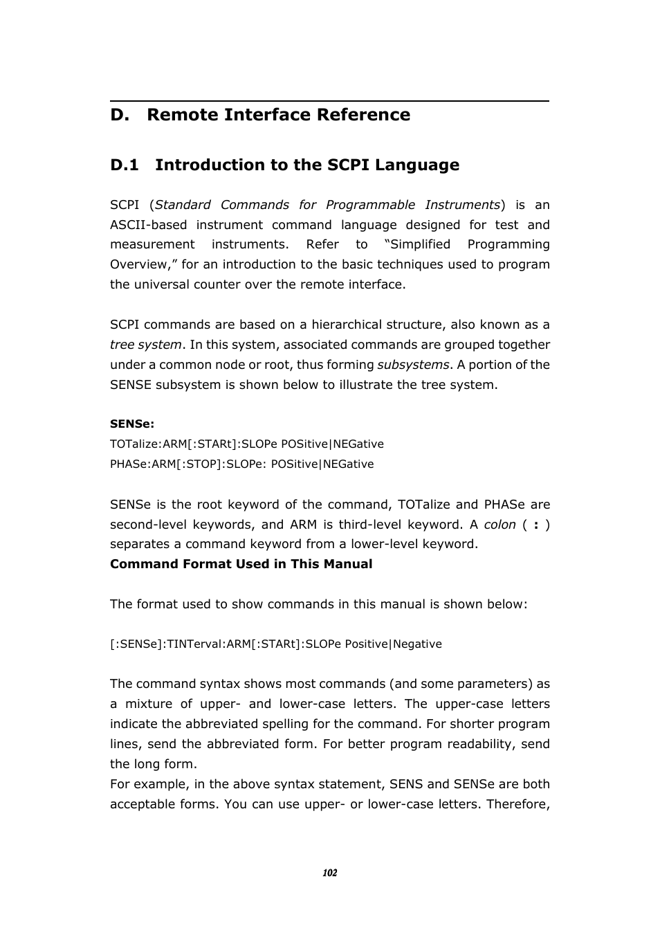 D. remote interface reference, D.1 introduction to the scpi language | BNC 1105 Universal Counter User Manual | Page 102 / 197