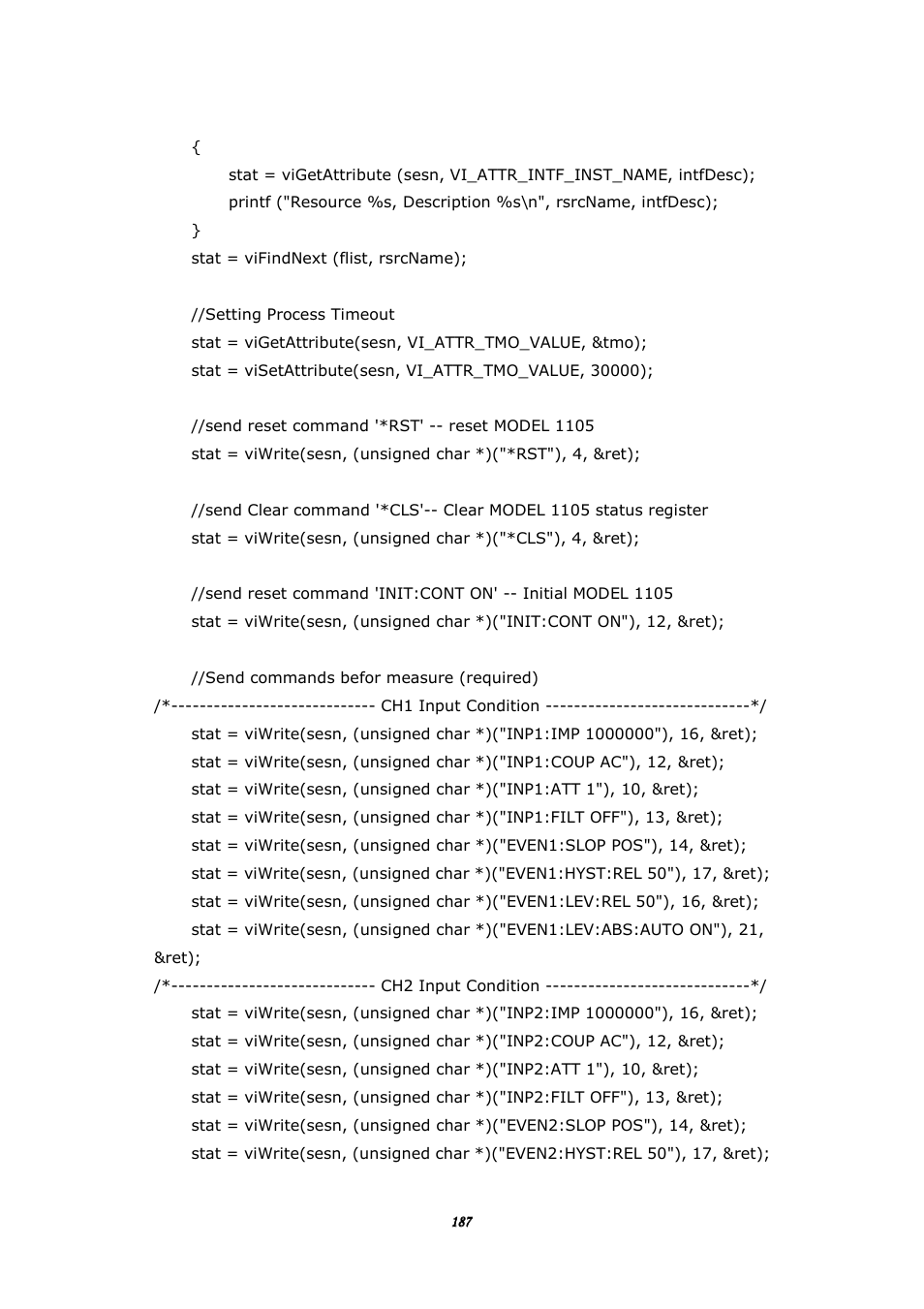 Stat = vifindnext (flist, rsrcname), Setting process timeout, Send reset command '*rst' -- reset model 1105 | Send commands befor measure (required), Ch1 input condition, Ch2 input condition | BNC 1105 Universal Counter User Manual | Page 187 / 197