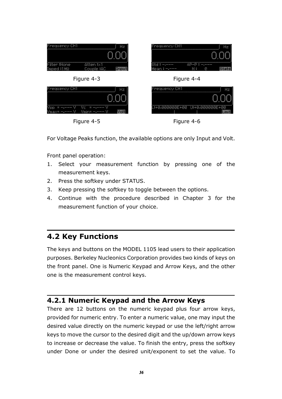 2 key functions, 1 numeric keypad and the arrow keys | BNC 1105 Universal Counter User Manual | Page 36 / 197