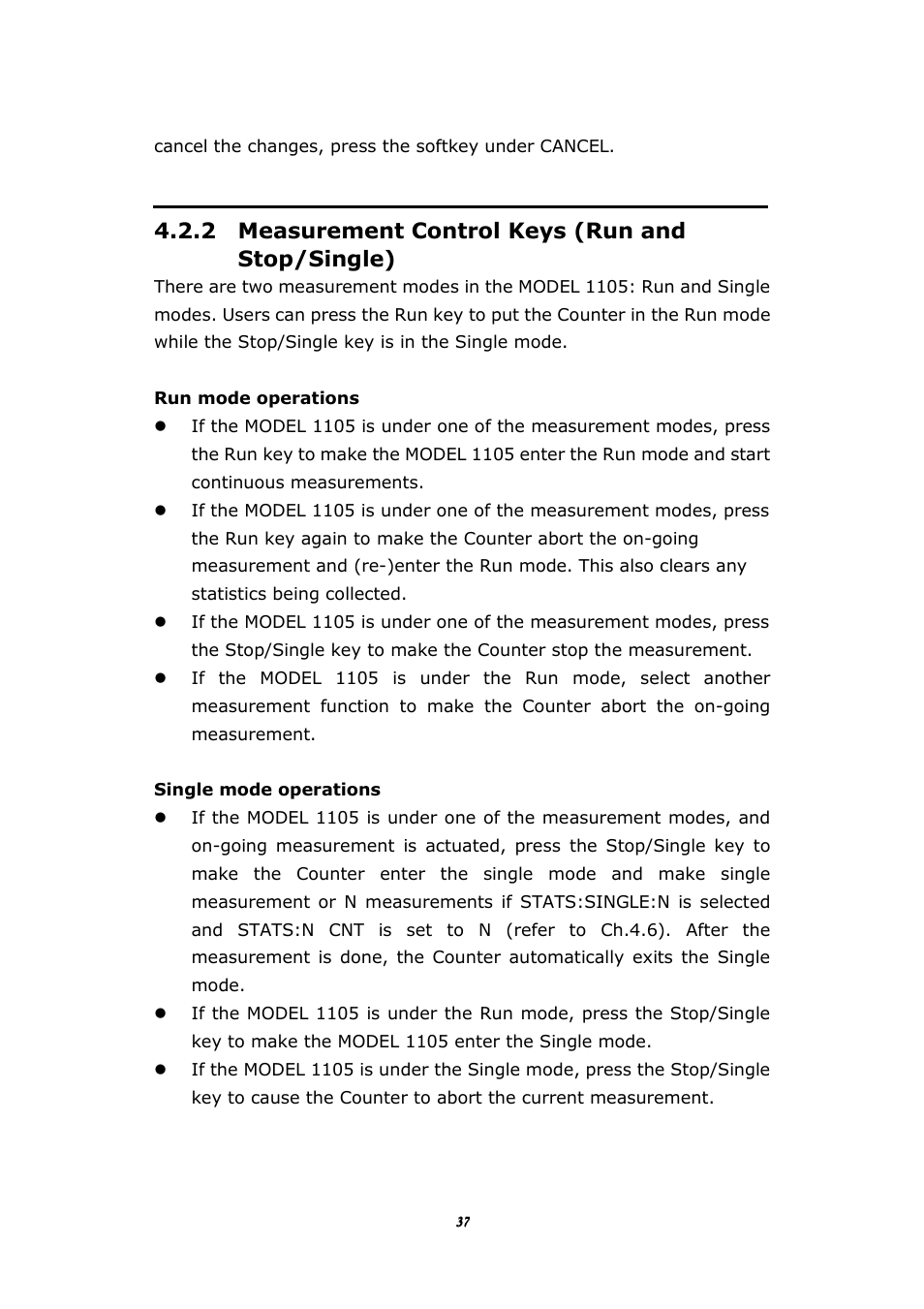 2 measurement control keys (run and stop/single) | BNC 1105 Universal Counter User Manual | Page 37 / 197