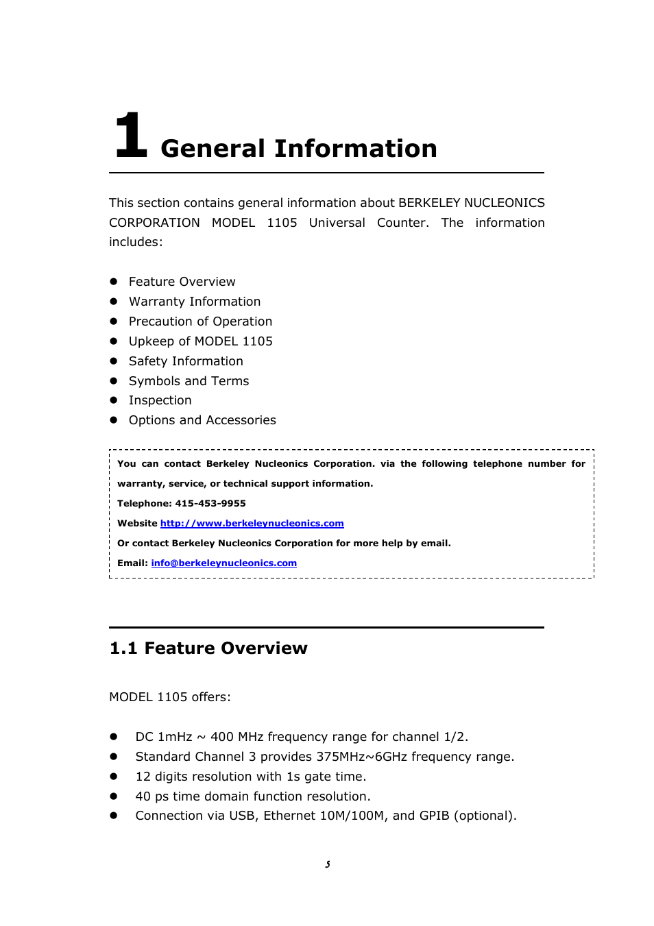 General information, 1 feature overview | BNC 1105 Universal Counter User Manual | Page 5 / 197
