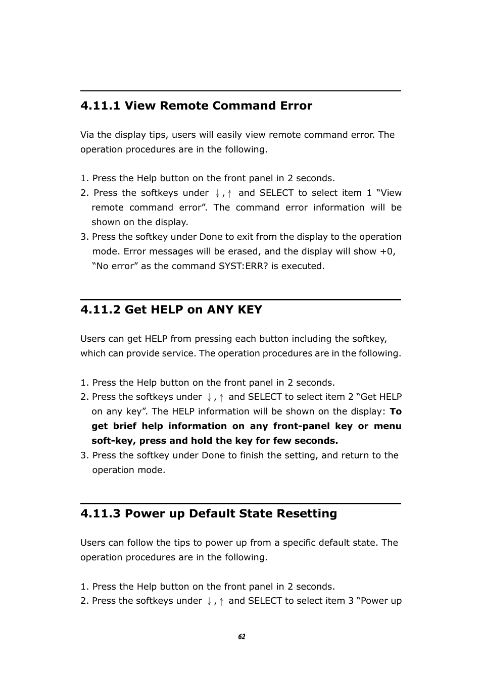 1 view remote command error, 2 get help on any key, 3 power up default state resetting | BNC 1105 Universal Counter User Manual | Page 62 / 197