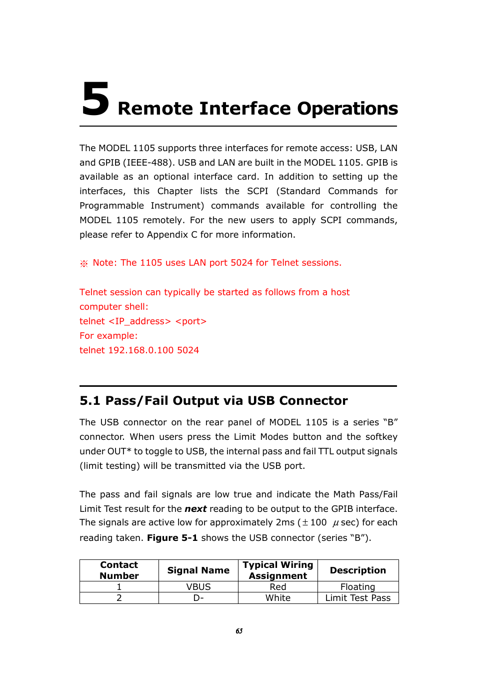 Remote interface operations, 1 pass/fail output via usb connector | BNC 1105 Universal Counter User Manual | Page 65 / 197