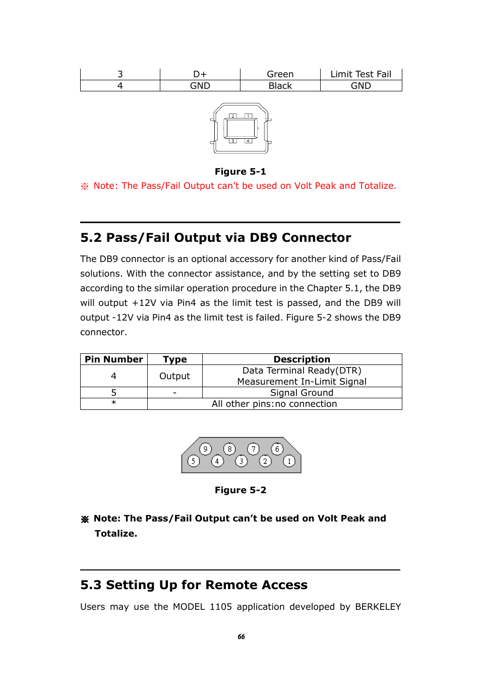 2 pass/fail output via db9 connector, 3 setting up for remote access | BNC 1105 Universal Counter User Manual | Page 66 / 197