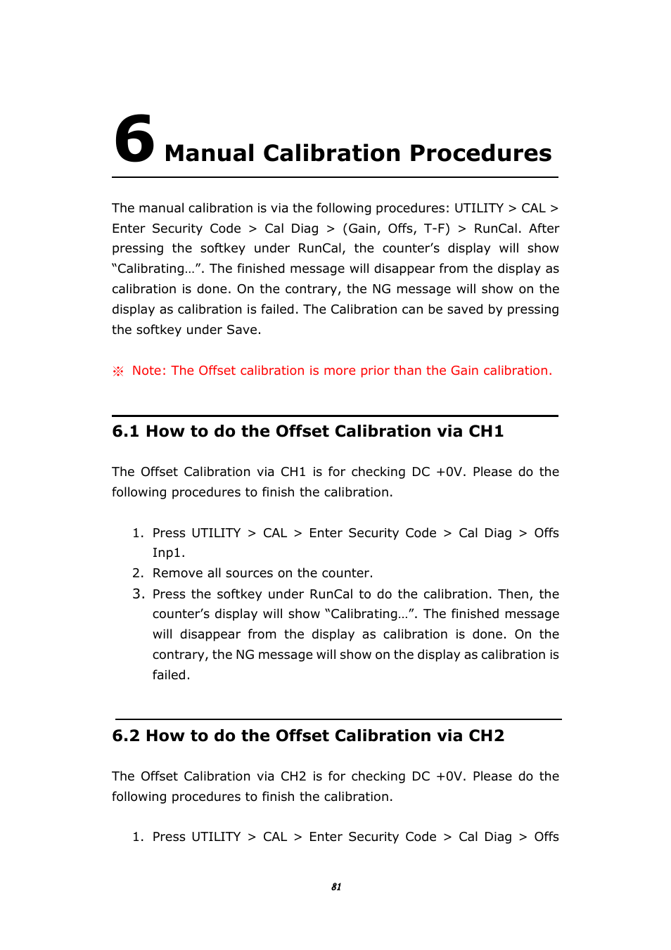 Manual calibration procedures | BNC 1105 Universal Counter User Manual | Page 81 / 197