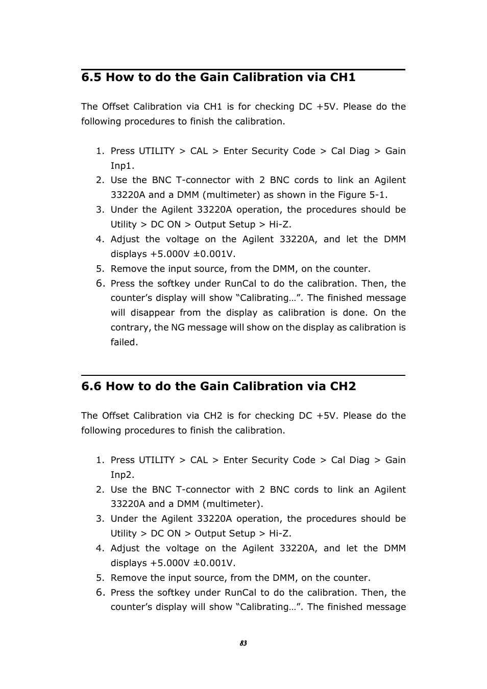 5 how to do the gain calibration via ch1, 6 how to do the gain calibration via ch2 | BNC 1105 Universal Counter User Manual | Page 83 / 197