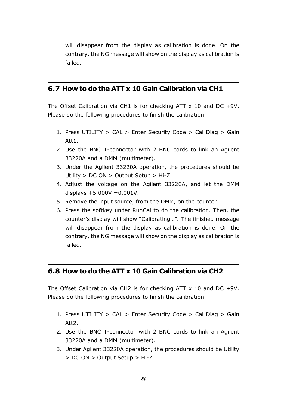 7 how to do the att x 10 gain calibration via ch1, 8 how to do the att x 10 gain calibration via ch2 | BNC 1105 Universal Counter User Manual | Page 84 / 197