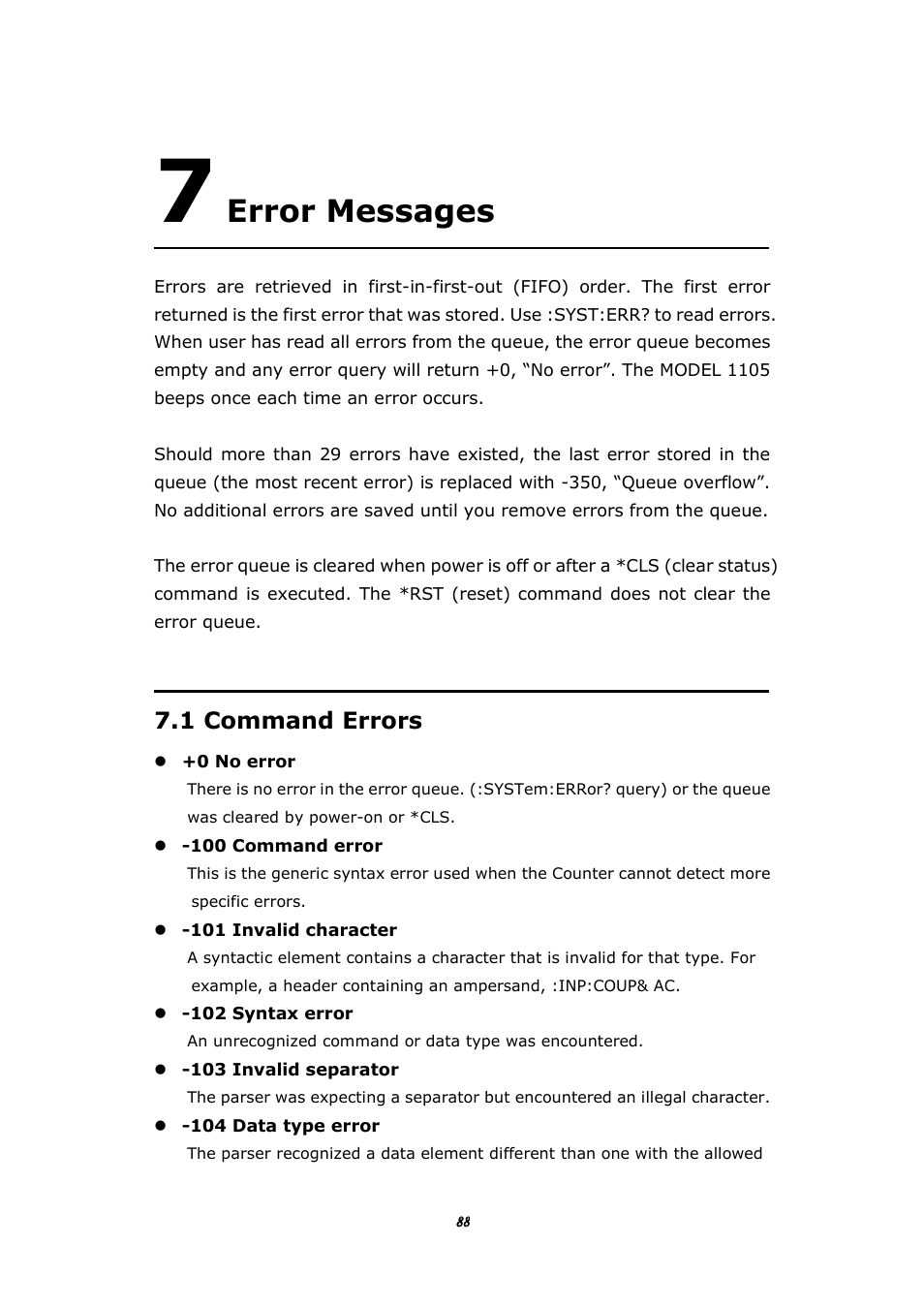 Error messages, 1 command errors | BNC 1105 Universal Counter User Manual | Page 88 / 197
