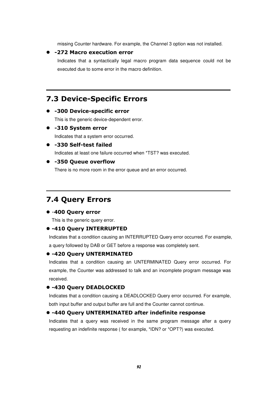 3 device-specific errors, 4 query errors | BNC 1105 Universal Counter User Manual | Page 92 / 197