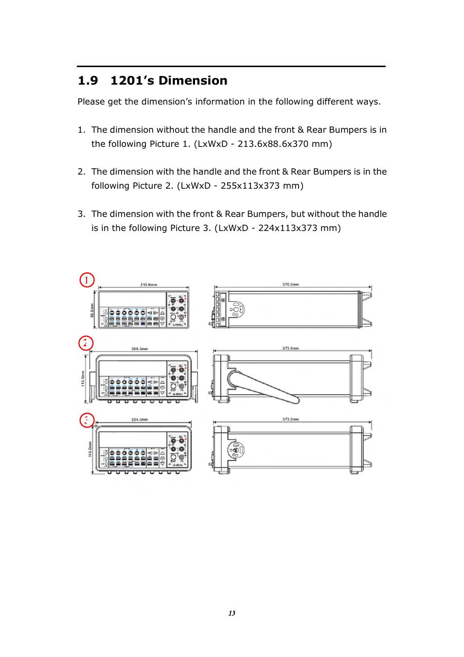 9 1201's dimension | BNC 1201 - 6 1/2 Digit Digital Multimeter User Manual | Page 12 / 177