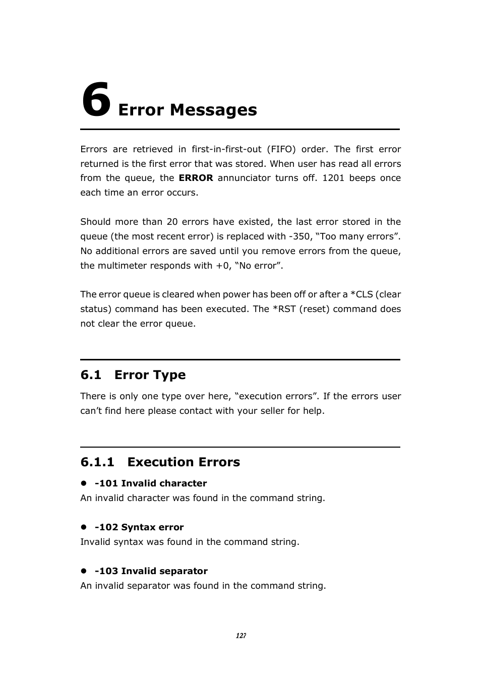 Error messages, 1 error type, 1 execution errors | BNC 1201 - 6 1/2 Digit Digital Multimeter User Manual | Page 126 / 177