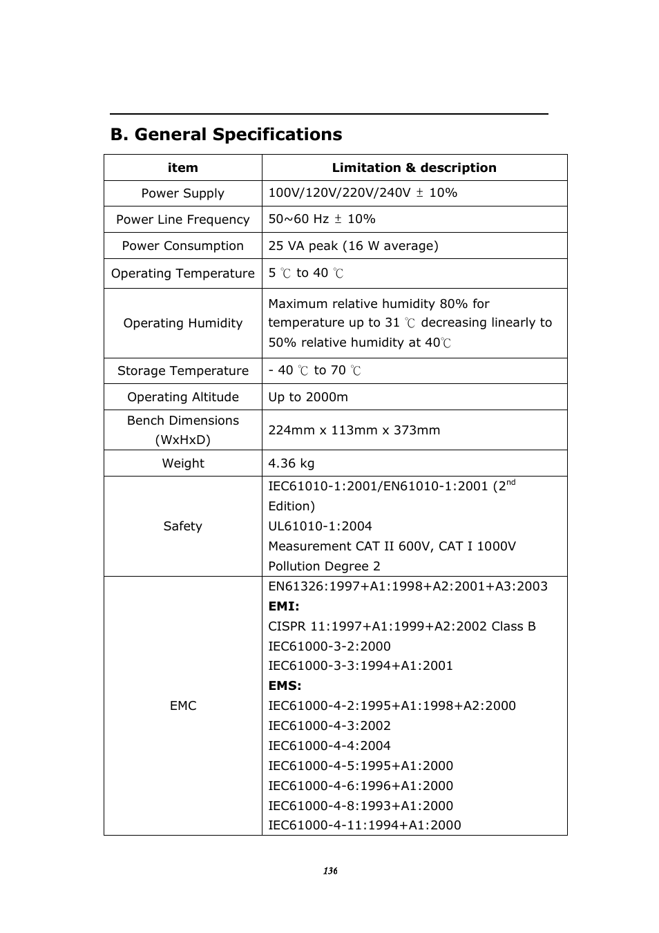 B. general specifications | BNC 1201 - 6 1/2 Digit Digital Multimeter User Manual | Page 135 / 177