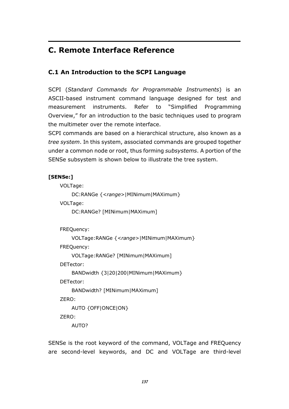 C. remote interface reference, C.1 an introduction to the scpi language | BNC 1201 - 6 1/2 Digit Digital Multimeter User Manual | Page 136 / 177