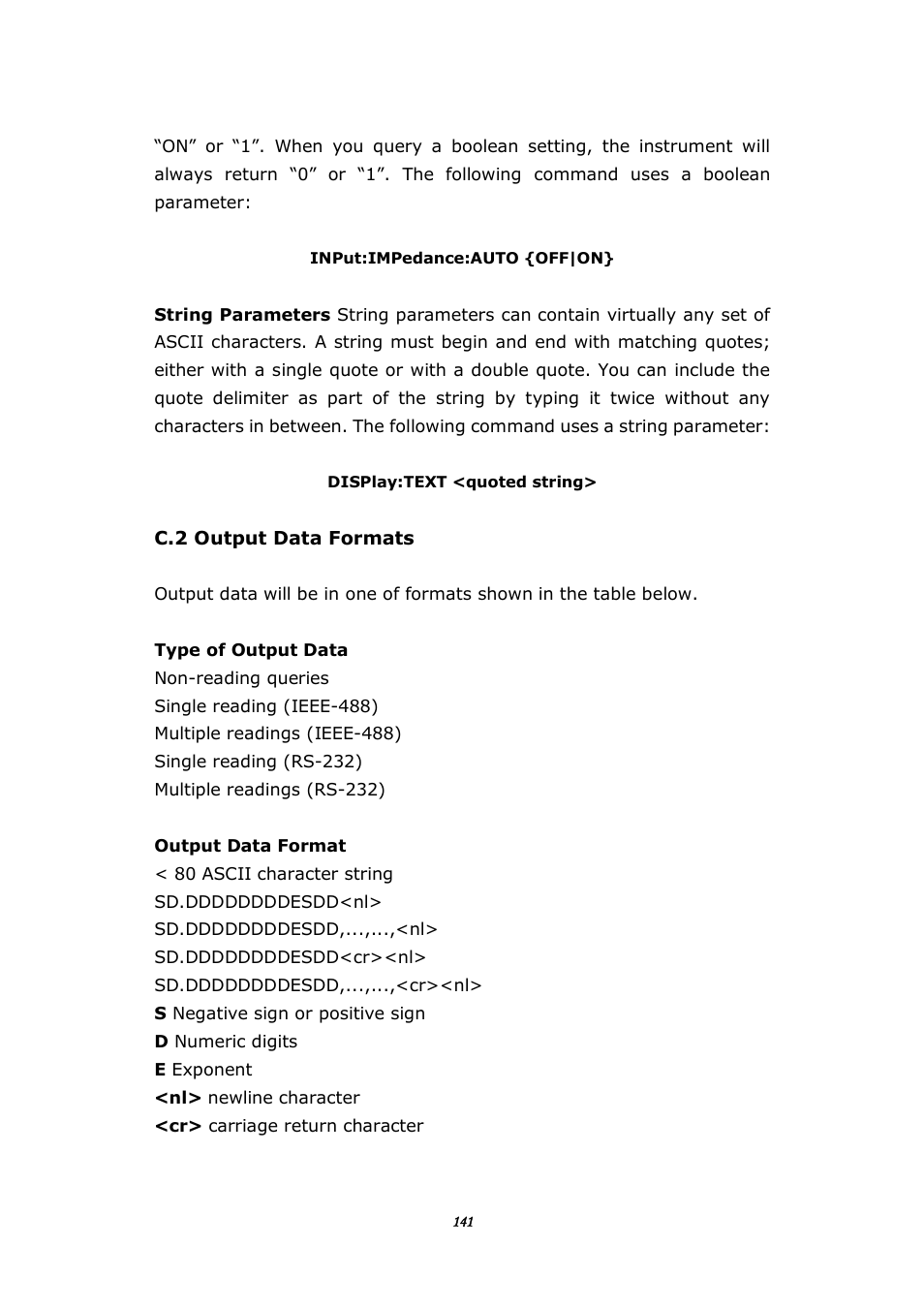 C.2 output data formats | BNC 1201 - 6 1/2 Digit Digital Multimeter User Manual | Page 140 / 177