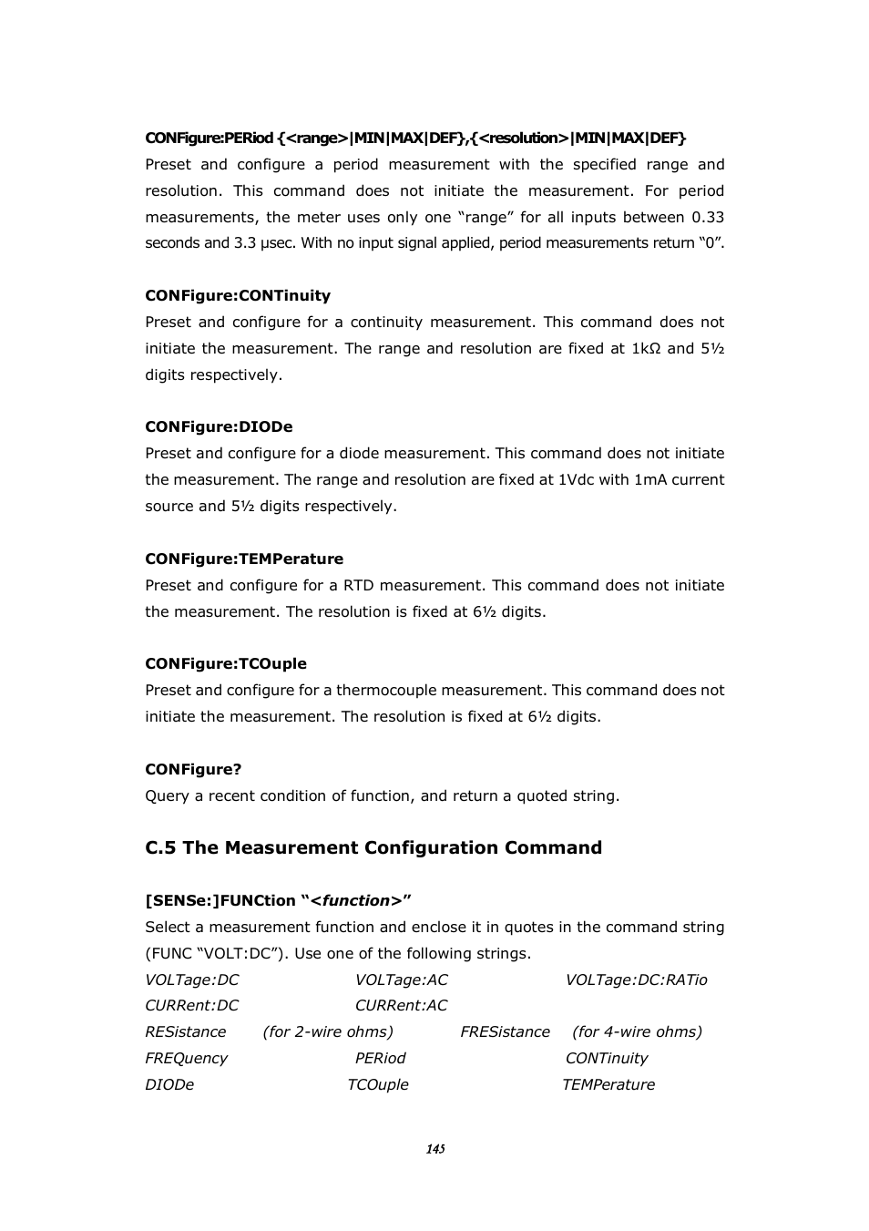 C.5 the measurement configuration command | BNC 1201 - 6 1/2 Digit Digital Multimeter User Manual | Page 144 / 177