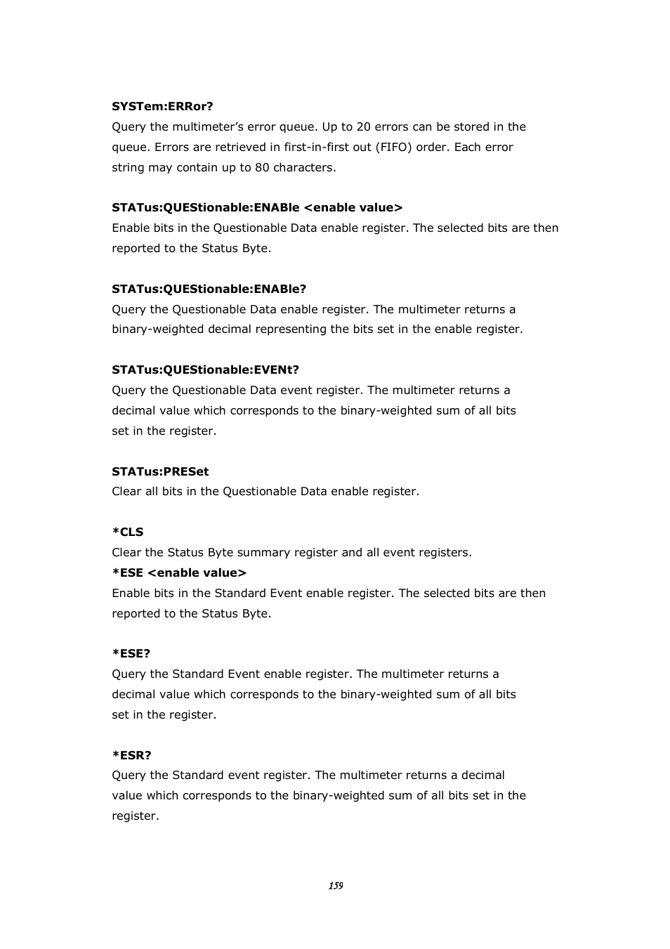 C.9 status reporting commands | BNC 1201 - 6 1/2 Digit Digital Multimeter User Manual | Page 158 / 177