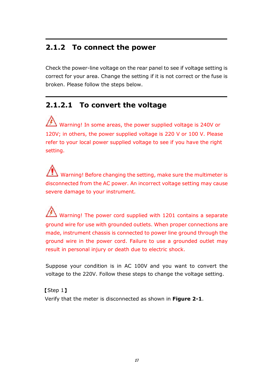 2 toconnect the power, 1 to convert the voltage, 2 to connect the power | BNC 1201 - 6 1/2 Digit Digital Multimeter User Manual | Page 16 / 177