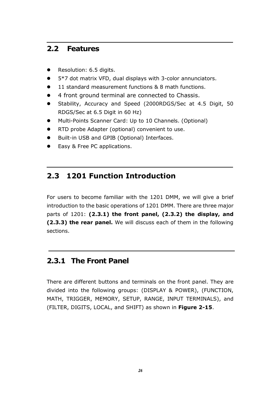 2 features, 3 1201 function introduction, 1 the front panel | BNC 1201 - 6 1/2 Digit Digital Multimeter User Manual | Page 25 / 177