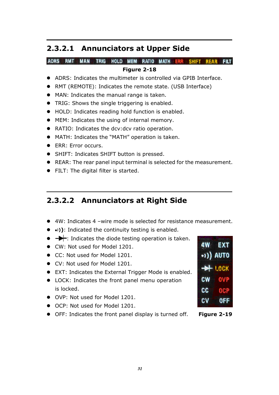 1 annunciators at upper side, 2 annunciators at right side | BNC 1201 - 6 1/2 Digit Digital Multimeter User Manual | Page 30 / 177