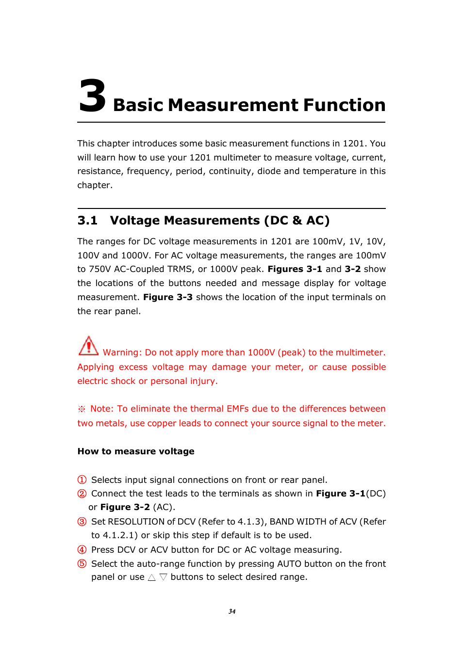 Basic measurement function, 1 voltage measurements (dc&ac), 1 voltage measurements (dc & ac) | BNC 1201 - 6 1/2 Digit Digital Multimeter User Manual | Page 33 / 177