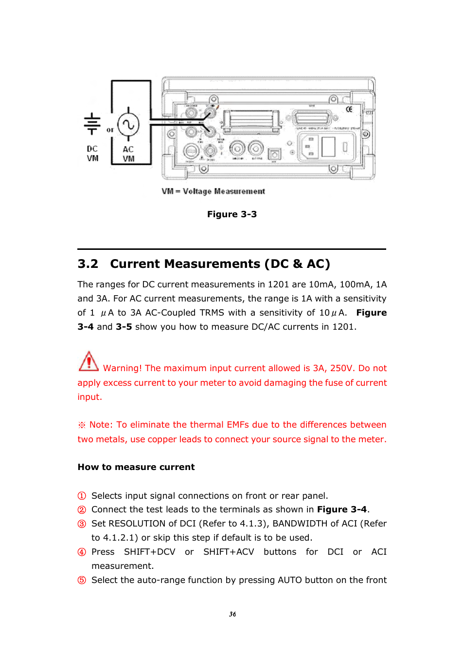 2 current measurements (dc&ac), 2 current measurements (dc & ac) | BNC 1201 - 6 1/2 Digit Digital Multimeter User Manual | Page 35 / 177