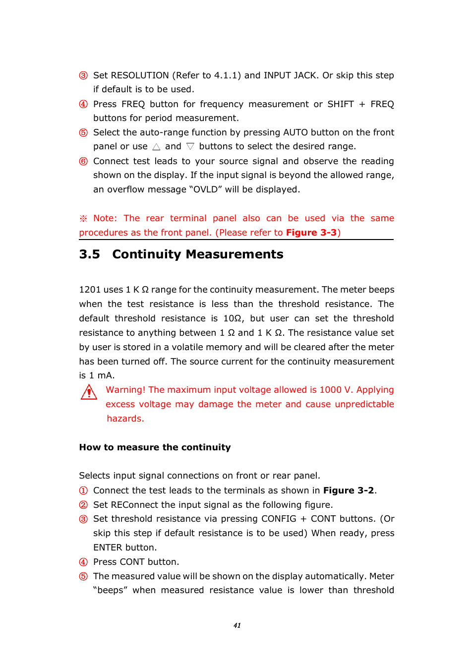 5 continuity measurements | BNC 1201 - 6 1/2 Digit Digital Multimeter User Manual | Page 40 / 177