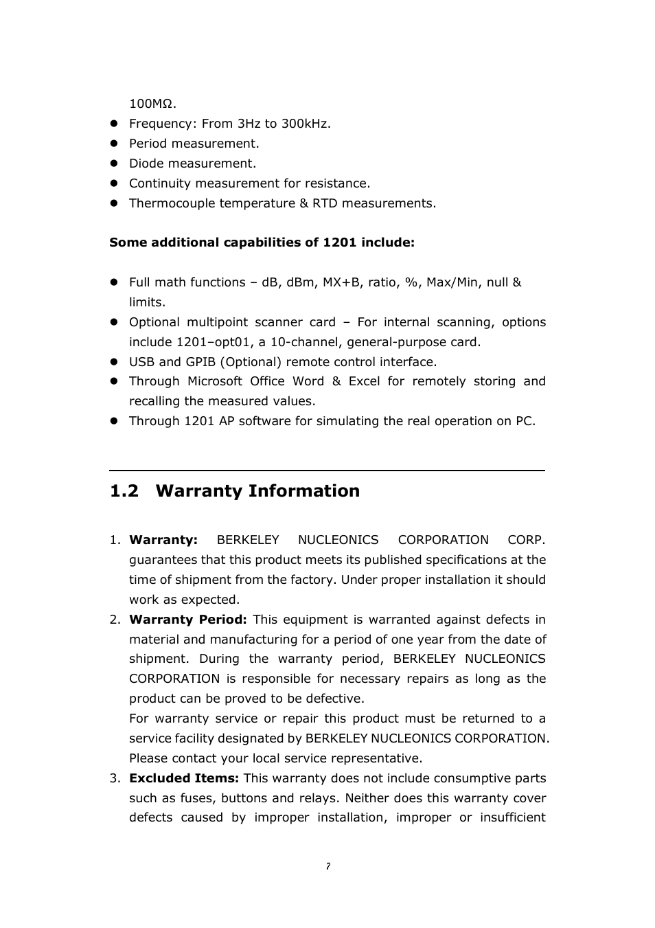 2 warranty information | BNC 1201 - 6 1/2 Digit Digital Multimeter User Manual | Page 6 / 177