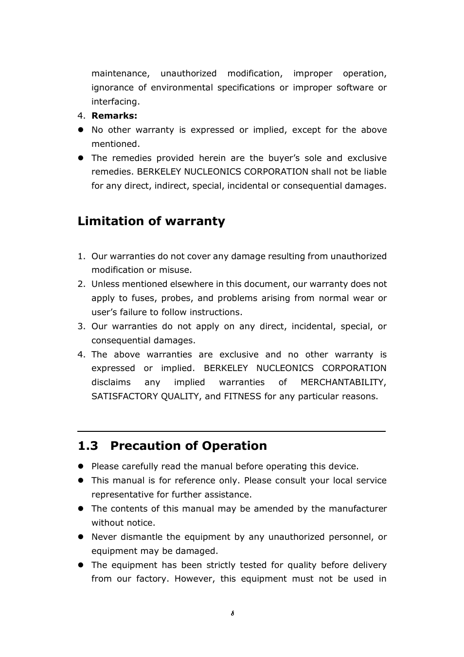 3 precaution of operation, Limitation of warranty | BNC 1201 - 6 1/2 Digit Digital Multimeter User Manual | Page 7 / 177