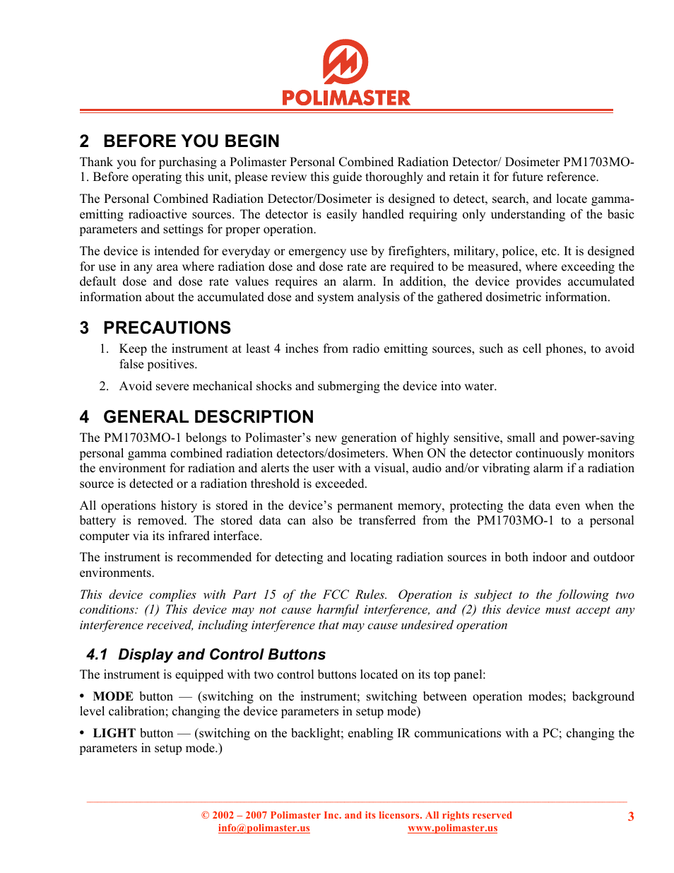 2 before you begin, 3 precautions, 4 general description | BNC 1703MO-1 - PRD/Dosimeter User Manual | Page 5 / 6