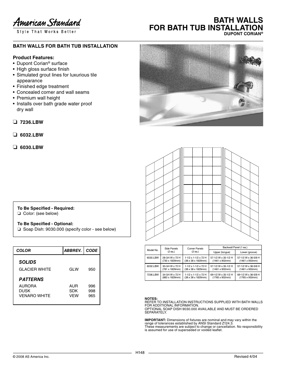 American Standard Dupont Corian 7236.LBW User Manual | 1 page