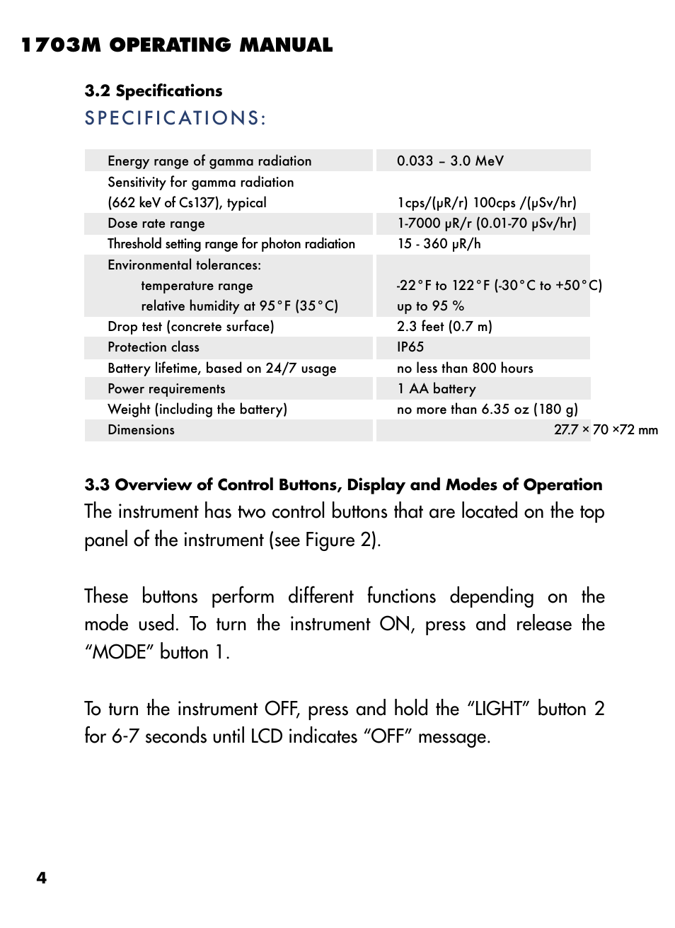 1703m operating manual, Specific ations | BNC 1703M User Manual | Page 5 / 14